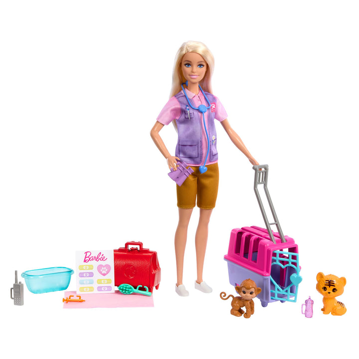BARBIE Tierrettungsspielset - Barbie-Puppe mit Tiger und Äffchen, Transportbox mit funktionierender