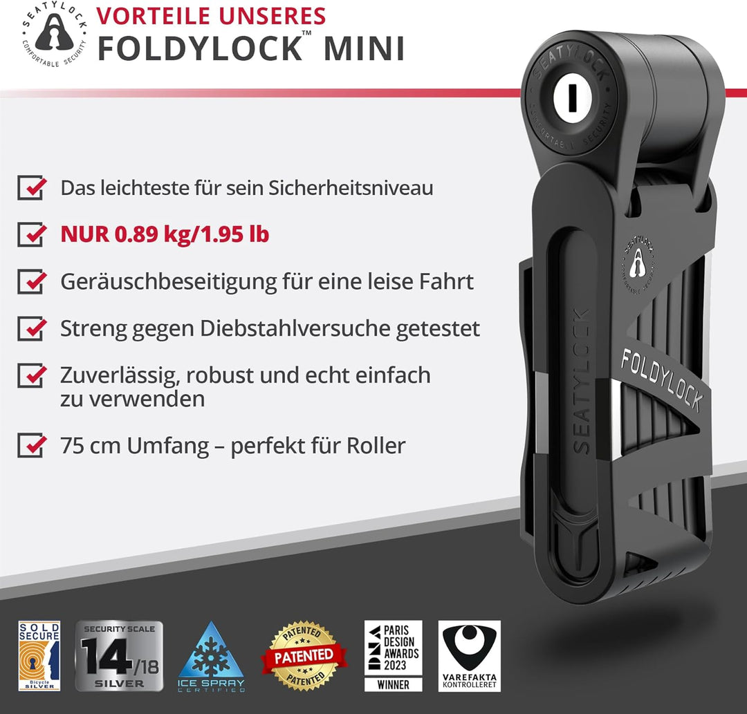 FoldyLock Mini Faltschloss mit Schlüssel - Patentiertes Testsieger Fahrradschloss mit Halterung für