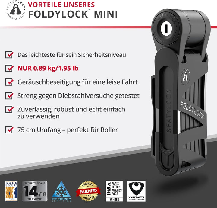FoldyLock Mini Faltschloss mit Schlüssel - Patentiertes Testsieger Fahrradschloss mit Halterung für