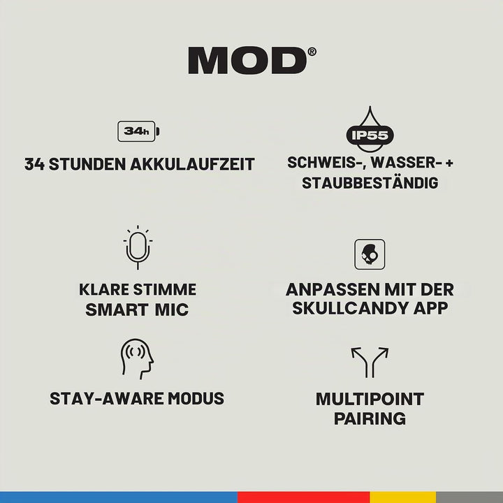 Skullcandy Mod Kabelloser In-Ear Kopfhörer, 34 Std. Akkulaufzeit, Mikro, Kompatibel mit iPhone, Andr