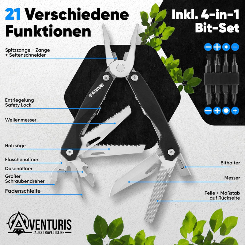 AVENTURIS® Multitool-Werkzeug aus Edelstahl mit 21 Funktionen, Geschenk für Mann, Multi tool mit Zan