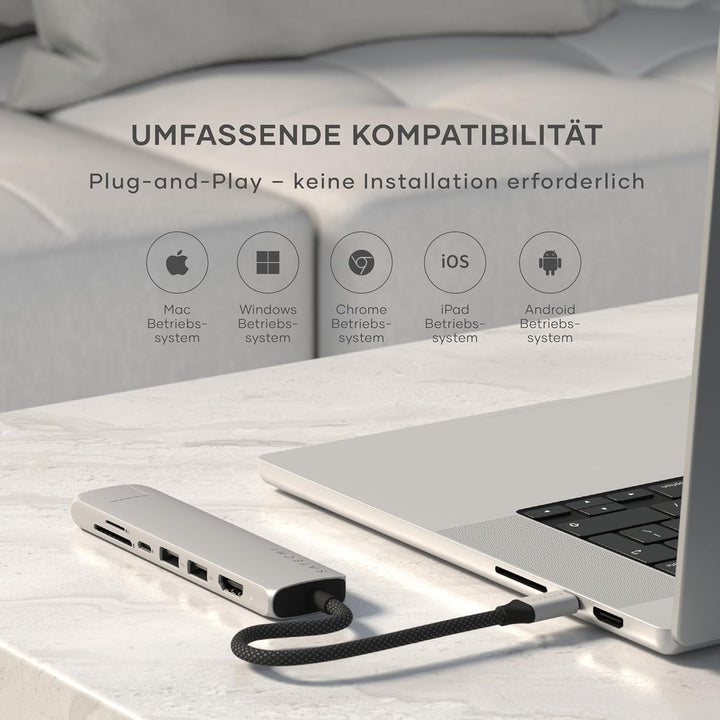 SATECHI 7-in-1 USB-C Hub Slim Plus, HDMI 4K mit 60Hz, 100W PD, 2X USB-A, Ethernet, SD/MicroSD – Für