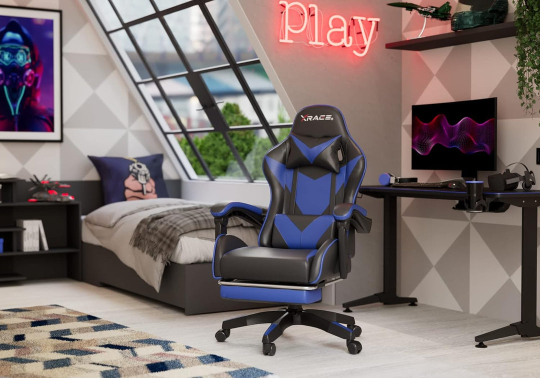 xRace Gaming-Stuhl Hoher Drehstuhl aus Leder mit Lendenwirbelstütze, Kopfstütze und Fussstütze, vers