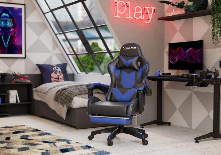 xRace Gaming-Stuhl Hoher Drehstuhl aus Leder mit Lendenwirbelstütze, Kopfstütze und Fussstütze, vers