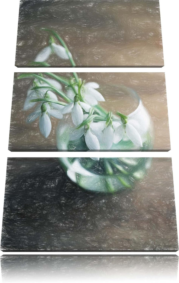 Pixxprint Schneeglöckchen in der Vase als Leinwandbild | Grösse: 3 Teilig (120x80) | Wandbild| Kunst