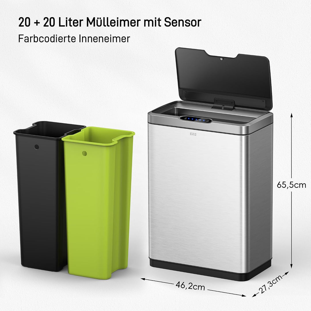 EKO Mirage Mülleimer mit Sensor, Mülleimer 2 Fächer 2 x 20L, Automatischer Küchenmülleimer, 2 Kunsts