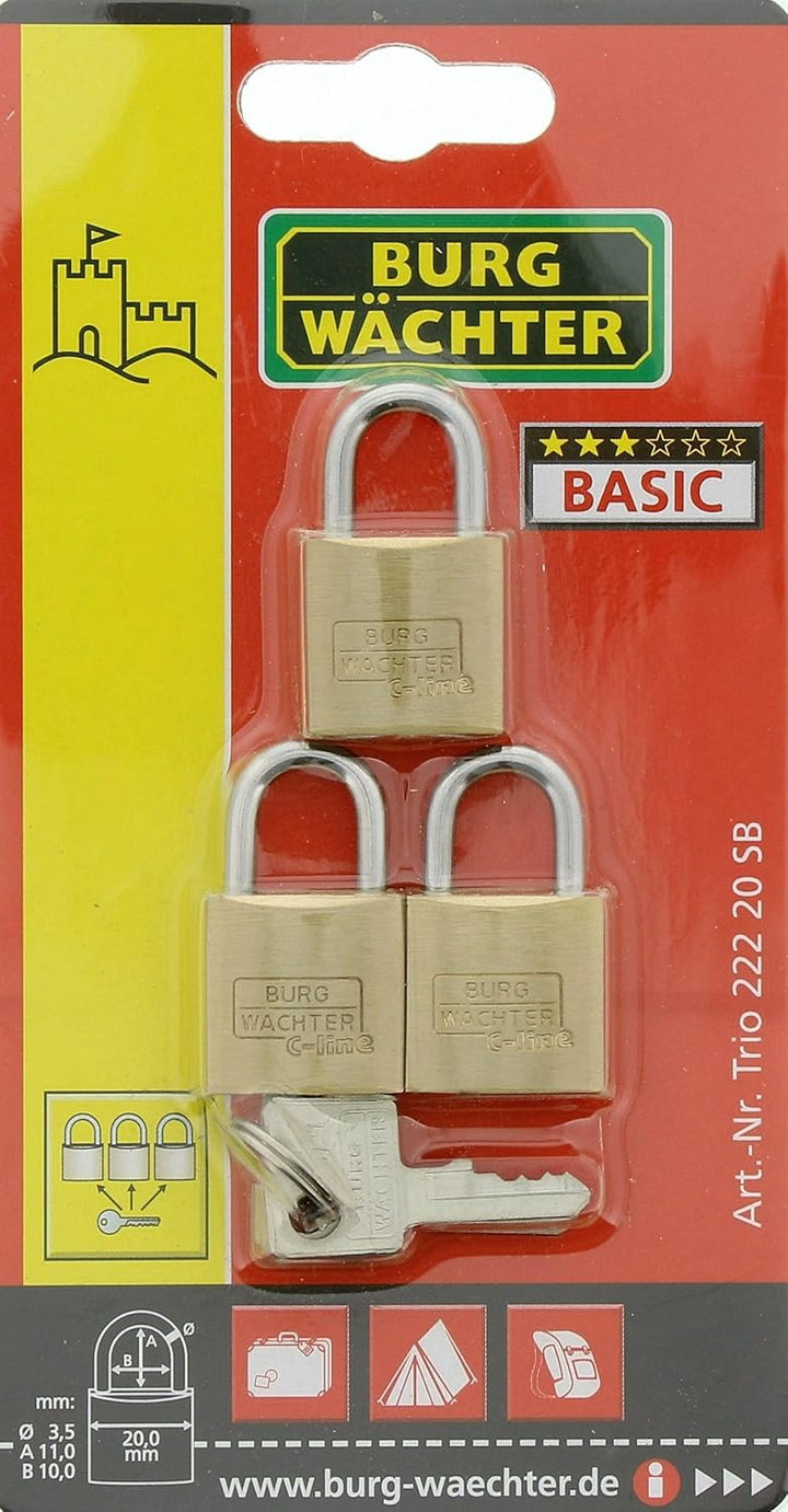 Burg-Wächter TRIO 222 20 GL SB Vorhangschloss-Set, 3,5 mm Bügelstärke, 3,5 mm Bügelstärke