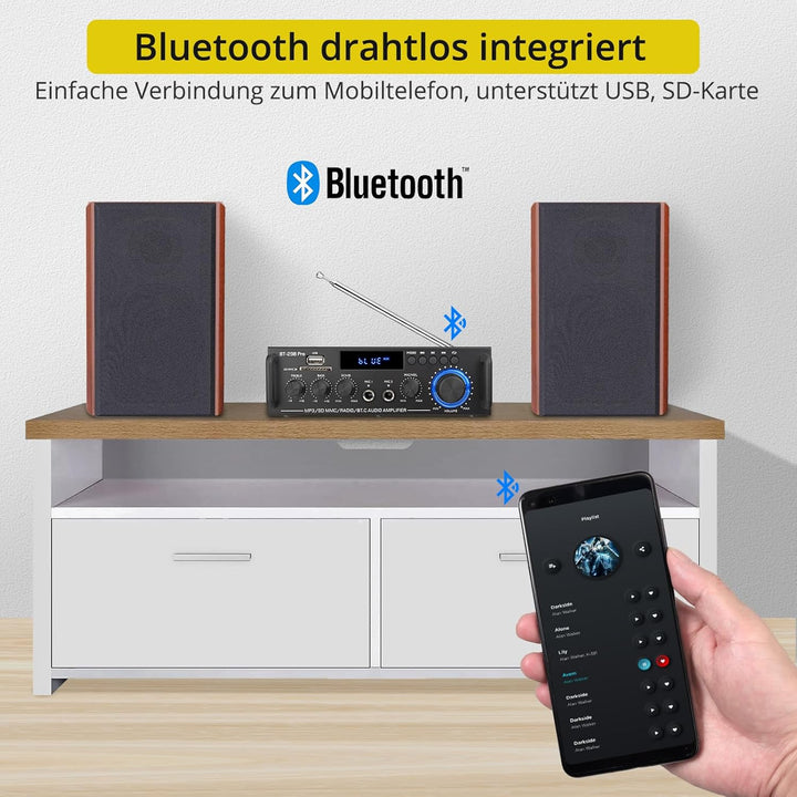 PROZOR Audio Power Stereo Verstärker Bluetooth 5.0 Verstärker Hifi Stereo Amplifier mit 2 Kanal, Bas