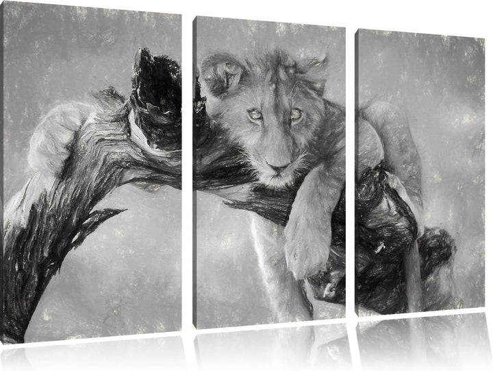 Pixxprint Junger Löwe in der Natur Kunst Kohle Effekt 3-Teiler Leinwandbild 120x80 Bild auf Leinwand