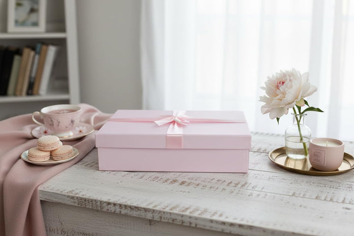 Emartbuy 3er Set starre Geschenkboxen, Babyrosa Box mit Deckel, innen braun und Satinband, 3er-Set –