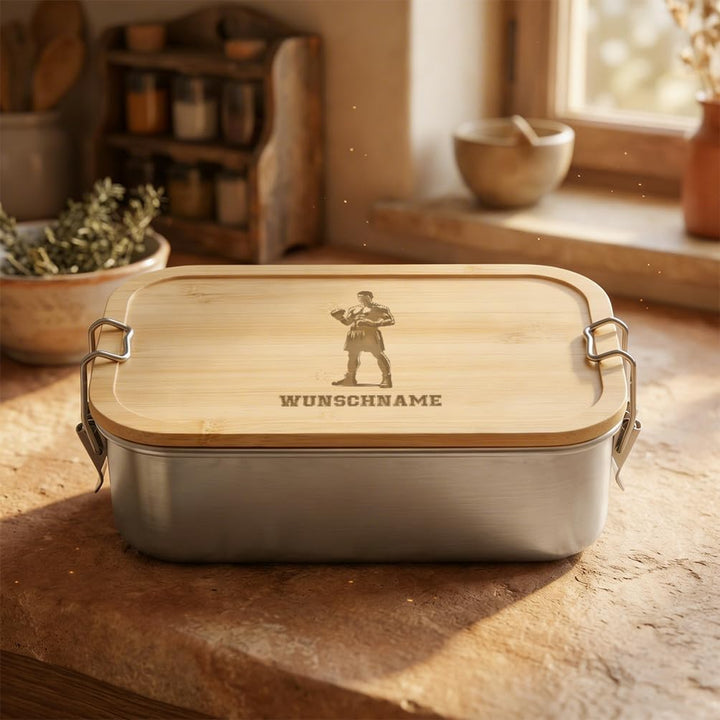 LIEBTASTISCH® Personalisierte Brotdose mit Wunschname - Boxer Kampfstellung Silhouette Gravur - Edel