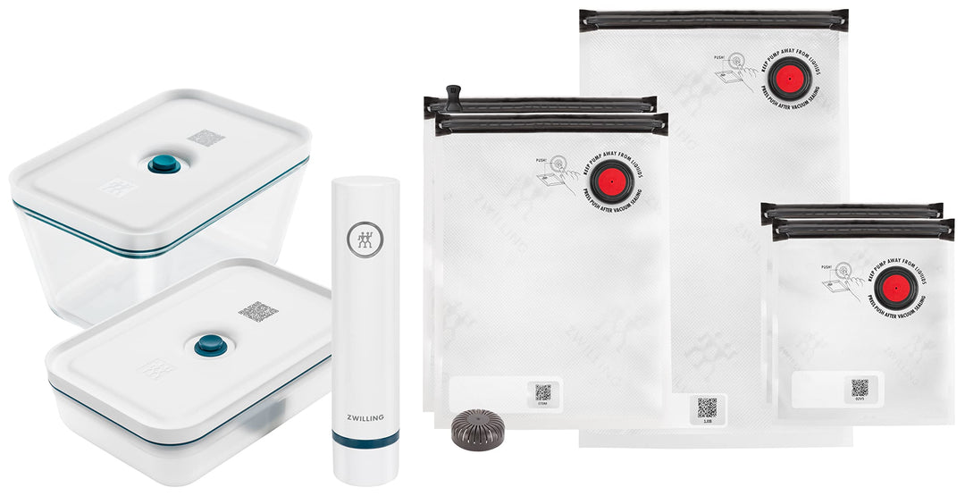 ZWILLING Fresh & Save Vakuum Starterset, Glas, 8-teilig, inkl. Dose, Pumpe und Beutel, La Mer Glas S