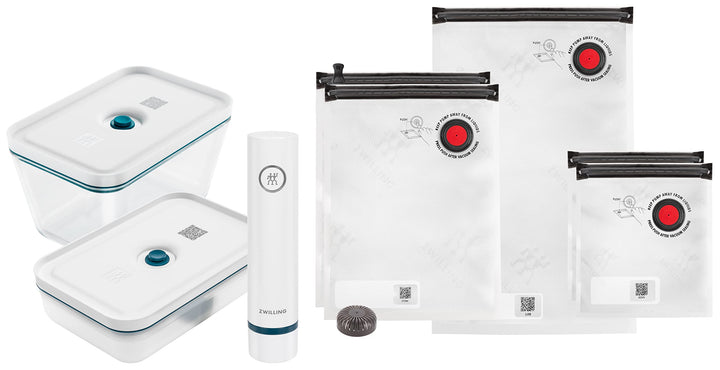 ZWILLING Fresh & Save Vakuum Starterset, Glas, 8-teilig, inkl. Dose, Pumpe und Beutel, La Mer Glas S