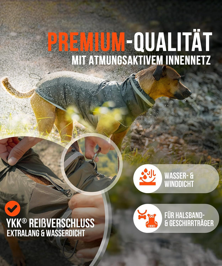 ZAUBERPFOTE® Hunderegenmantel London I Mit extra langem YKK® Reissverschluss für Halsband &amp; Geschirr