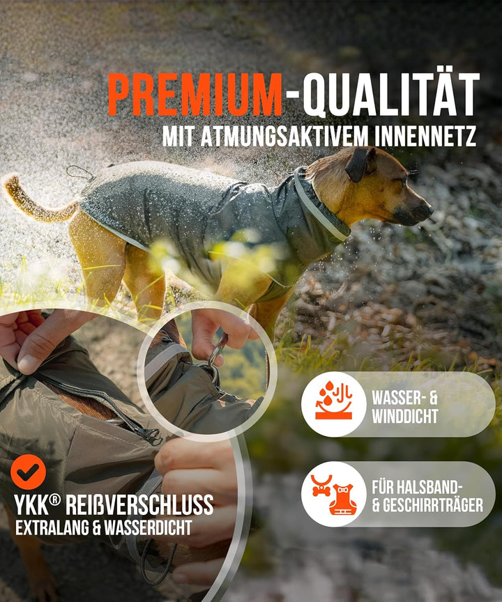 ZAUBERPFOTE® Hunderegenmantel London I Mit extra langem YKK® Reissverschluss für Halsband & Geschirr