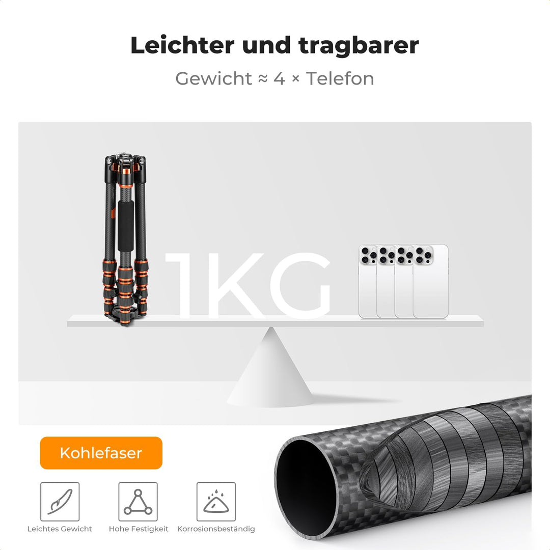 K&F Concept 152cm Carbon Stativ, Leichtes Tripod, Flexibles Kamera Stativ mit 360° Kugelkopf, 1/4''