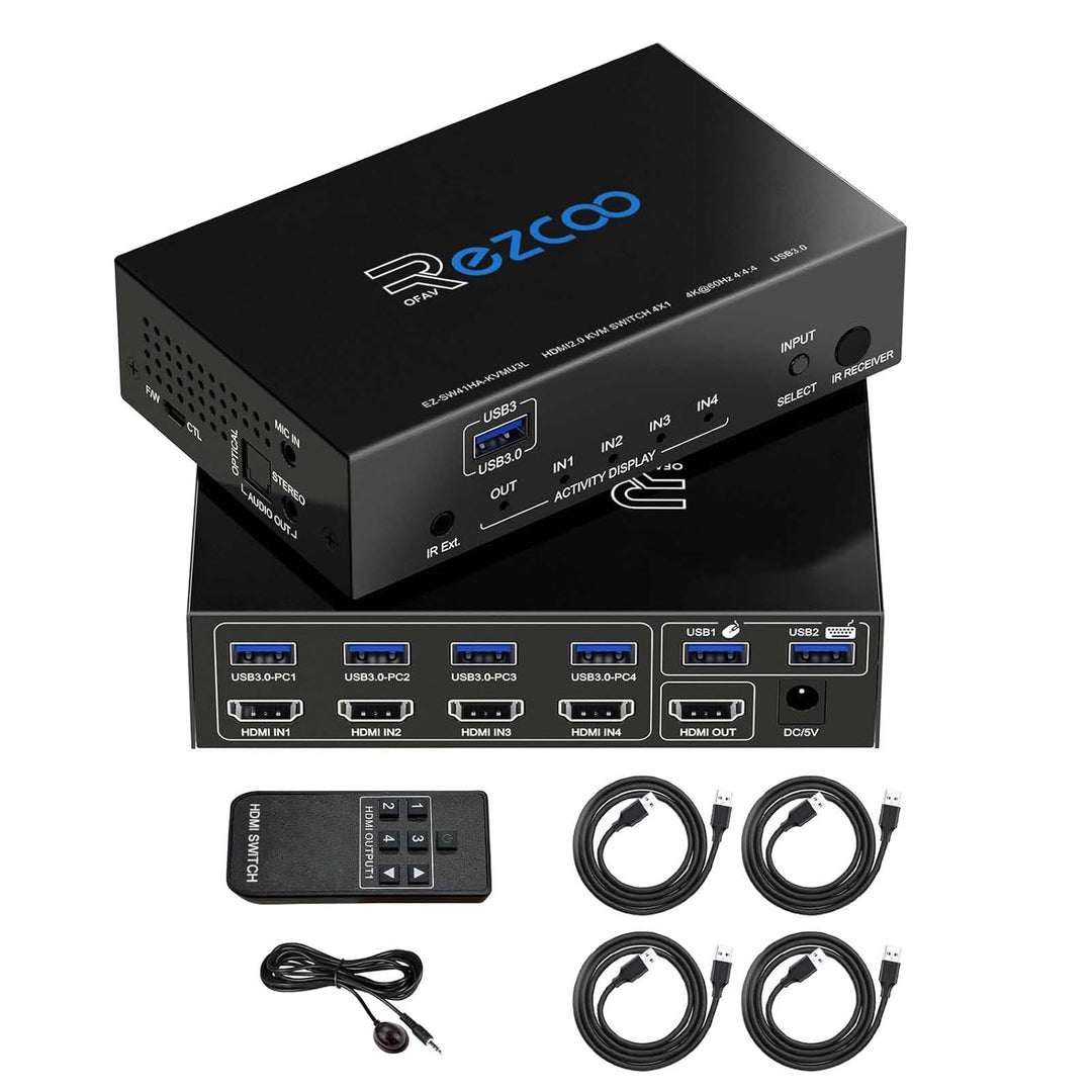 USB3.0 HDMI KVM Switch 4 Port 4 In 1 Out 4K 60Hz 4 In 4 Out SPDIF 5.1 Audio Breakout Mouse/Keyboard/