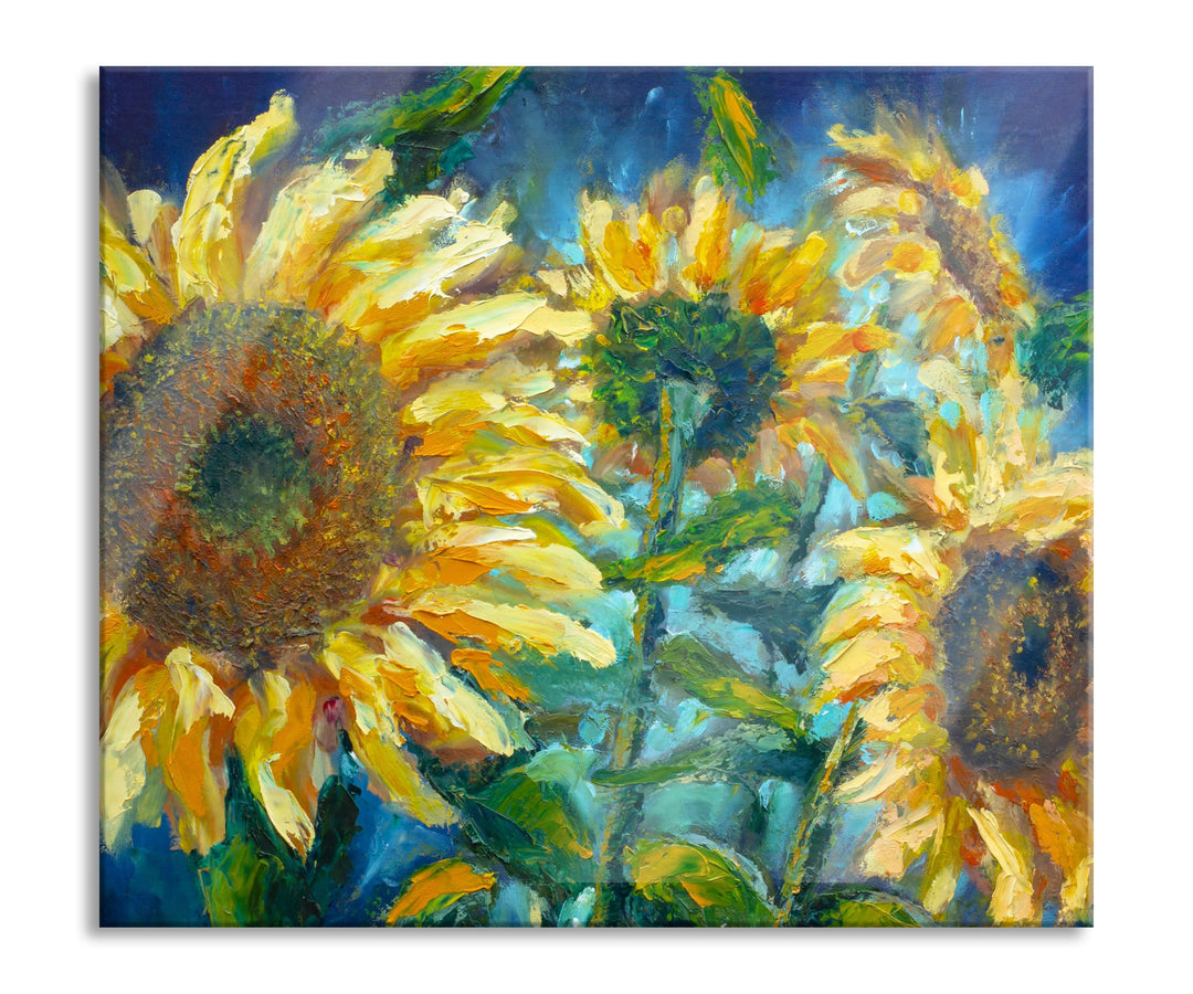 Sonnenblumen vor blauem Hintergrund Herdabdeckplatte & Spritzschutz aus Echtglas | Für Herd-Kochfeld