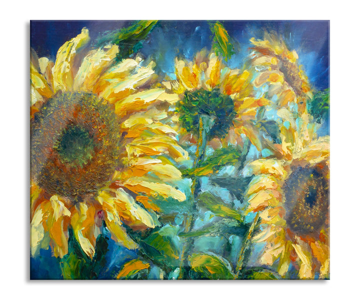 Sonnenblumen vor blauem Hintergrund Herdabdeckplatte & Spritzschutz aus Echtglas | Für Herd-Kochfeld
