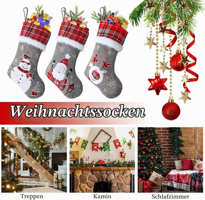 LOMOHOO Weihnachtsstrumpf 3er Set 46cm Grossen Nikolausstiefel Nikolausstrumpf für Weihnachtsdeko,We