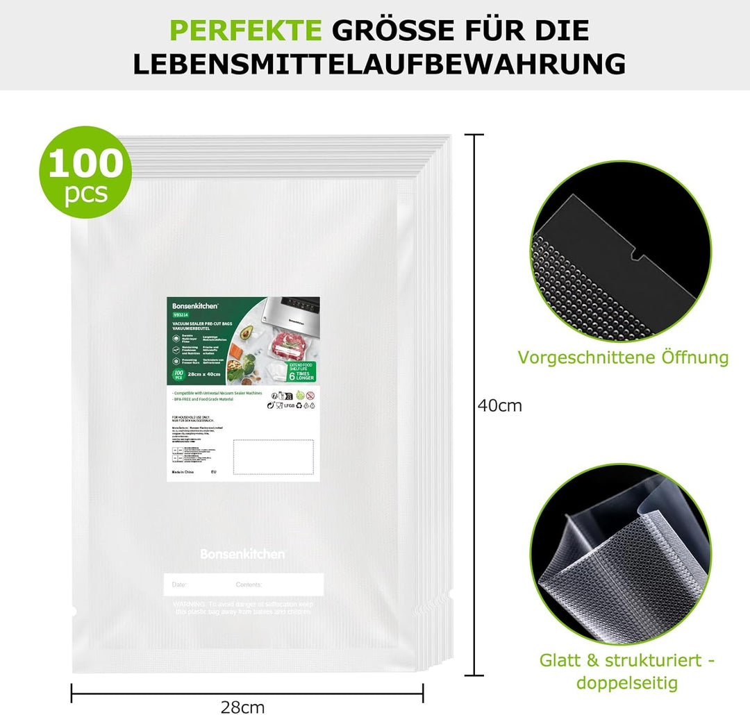 Bonsenkitchen Vakuumierbeutel 28x40 cm, 100 Beutel Profi-Folienbeutel für alle Vakuumiergerät, vakuu