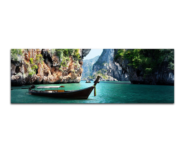 Paul Sinus Art Panoramabild auf Leinwand und Keilrahmen 150x50cm Thailand Steg Meer Boot Felsen