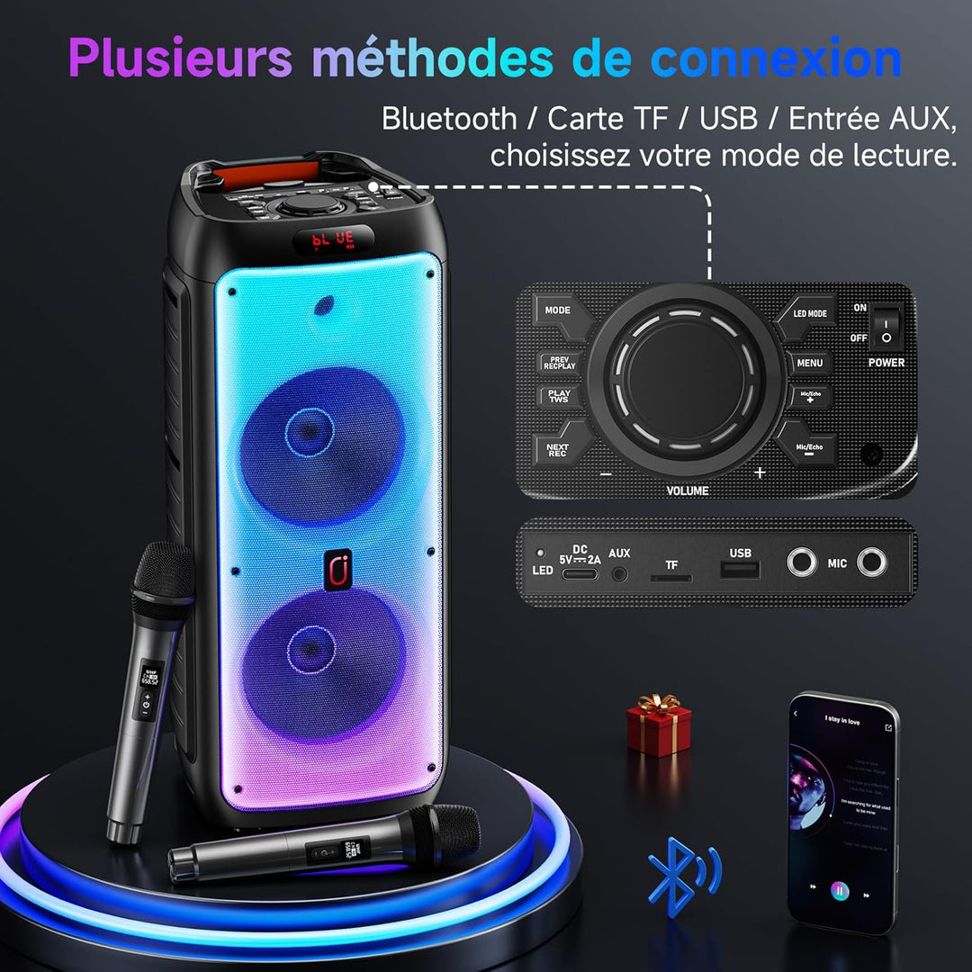 JYX Karaoke Maschine mit 2 Mikrofonen, LED Licht – Bluetooth 5.3, TF/USB/AUX/TWS/LIVE, Karaoke Box &
