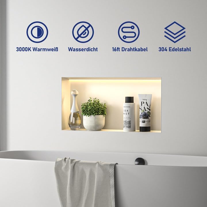 Wandnische Dusche Edelstahl, wasserdichte Nische mit LED-Licht, Eingebettete Duschnische 60x30x10cm,