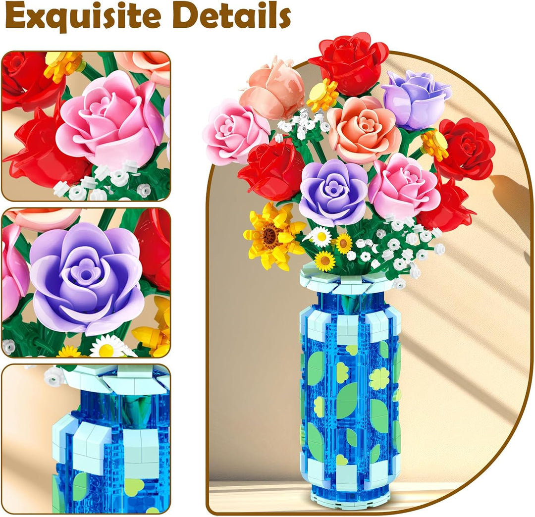 Rosen-Blumen-Bausatz mit Vase und LED-Licht, 16 Mini-Blumensträusse, botanisches Bausteinspielzeug f