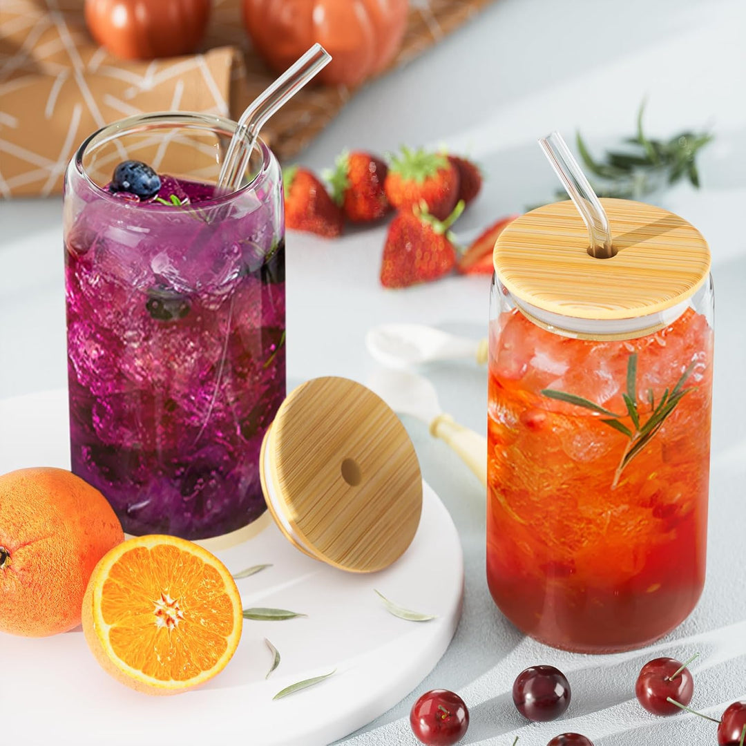 FINEW [8er Set] Trinkbecher Mit Deckel und Strohhalm Glas, 8er Cocktailgläser Set, 16oz/450ml Eiskaf