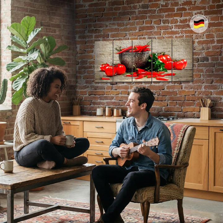Runa Art Wandbild XXL Küche - Gemüse Esszimmer Küchenbilder 200 x 80 cm Braun Rot 5 Teilig - Made in