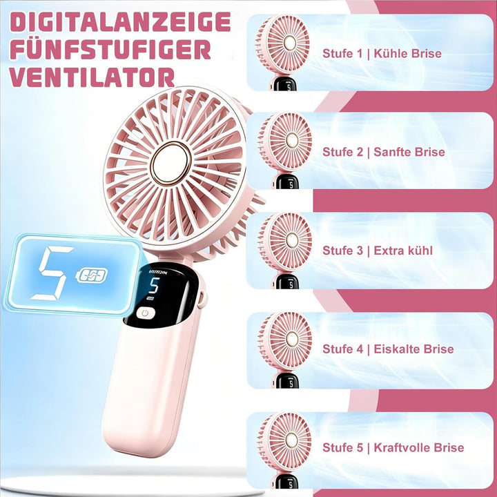 Handventilator Mini tragbarer USB-Lüfter, 5 Geschwindigkeitsstufen mit Halfter und Basis, klappbar f
