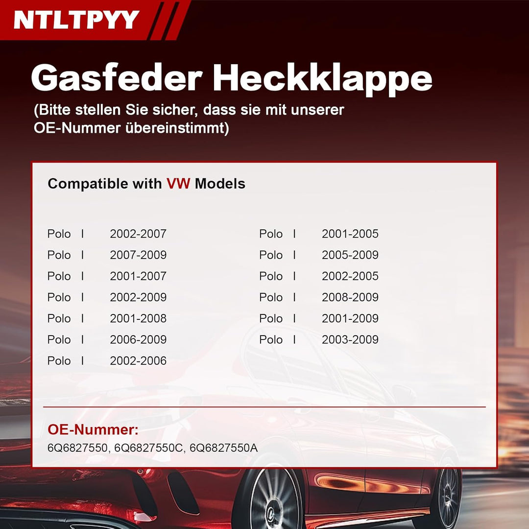 Heckklappen Gasdruckfeder Kompatibel mit VW Polo 2001-2009 9A 9N, 2 Stück Heckklappenlifter Ersatz f