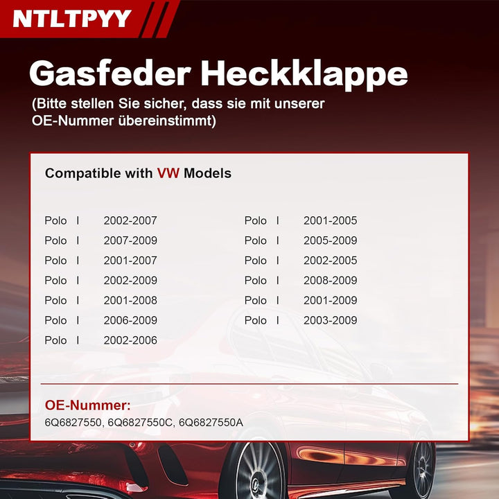 Heckklappen Gasdruckfeder Kompatibel mit VW Polo 2001-2009 9A 9N, 2 Stück Heckklappenlifter Ersatz f