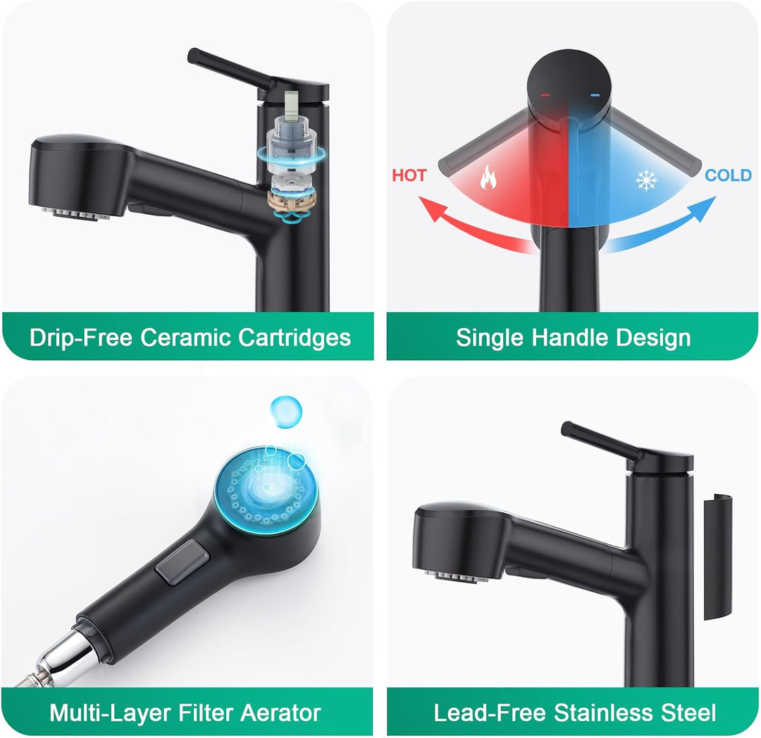 CREA Wasserhahn Bad mit ausziehbar Brause,Waschtischarmatur mit 2 Strahlarten Spültischarmatur mit 2