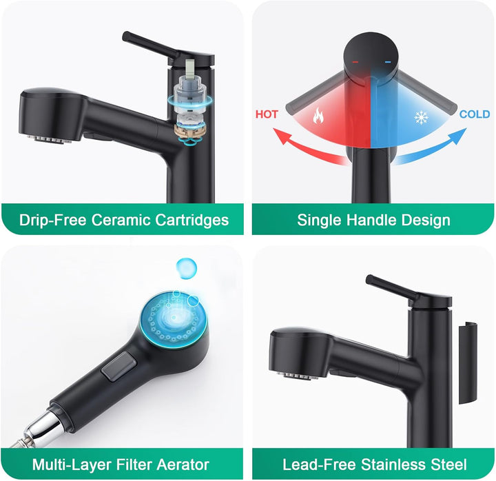 CREA Wasserhahn Bad mit ausziehbar Brause,Waschtischarmatur mit 2 Strahlarten Spültischarmatur mit 2