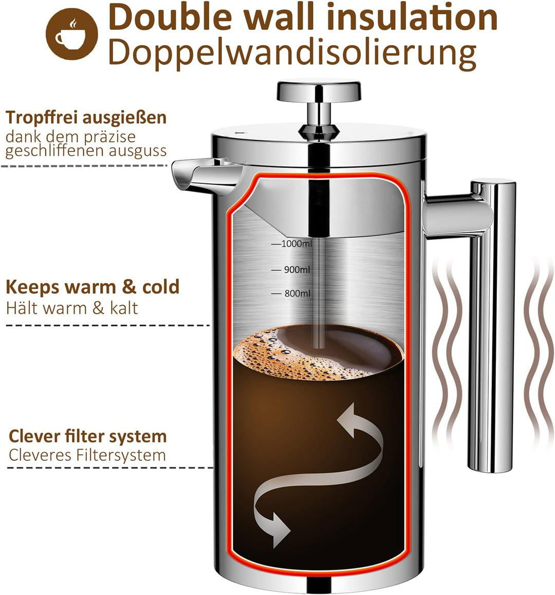 MaxMiuly Kaffeebereiter 1 Liter French Press, Doppelwandig Edelstahl Kaffeepresse Caffettiera, Therm