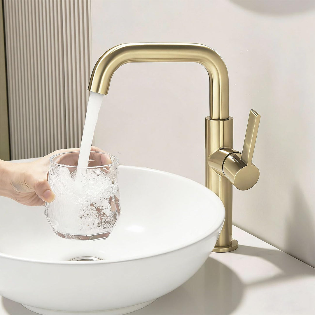 ONECE Wasserhahn Bad Hoch Gold, 360° Drehbar Waschtischarmatur, Einhebel Mischbatterie für Aufsatzwa