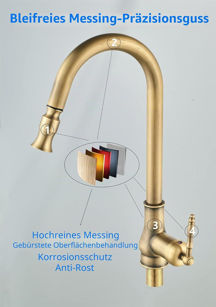NIUKO Retro Küchenarmatur Ausziehbar, Wasserhahn Küche Messing Antik, Einhebel 360°Drehbar Spültisch
