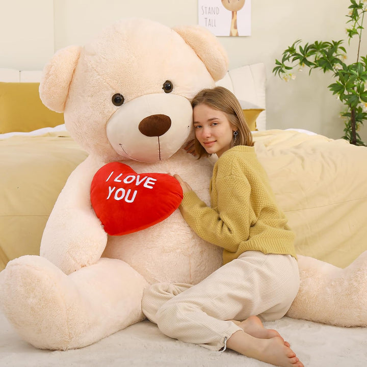 MorisMos 150cm riesen Teddy mit Herz, Beige gross teddybär XXL, kuschelig Plüschbär XXXL, Valentinst