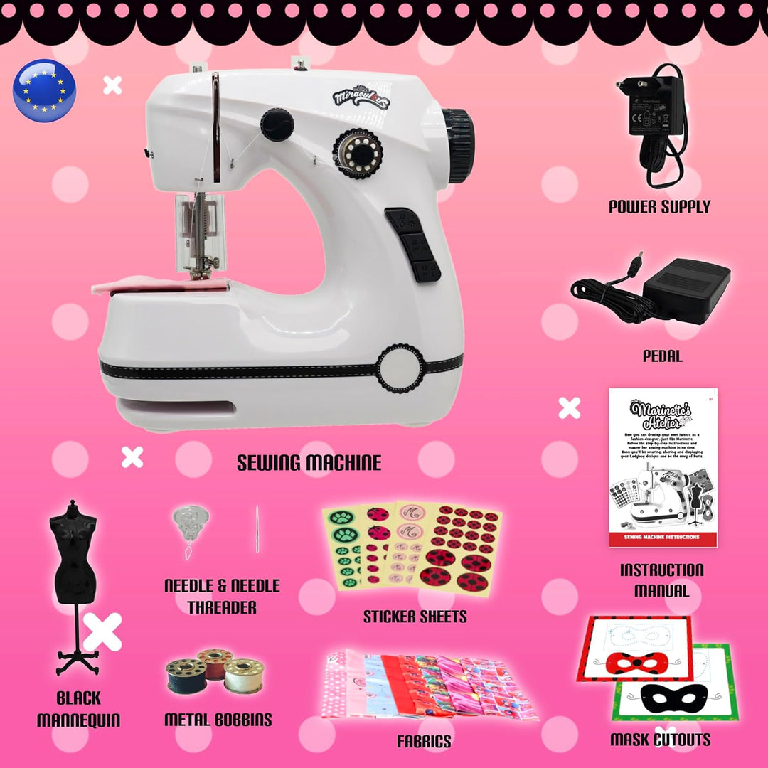 Miraculous Ladybug, Marinette Mini-Nähmaschine – für Kinder, doppelte Geschwindigkeit, tragbar, mit