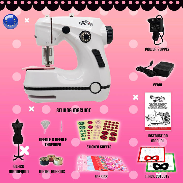 Miraculous Ladybug, Marinette Mini-Nähmaschine – für Kinder, doppelte Geschwindigkeit, tragbar, mit
