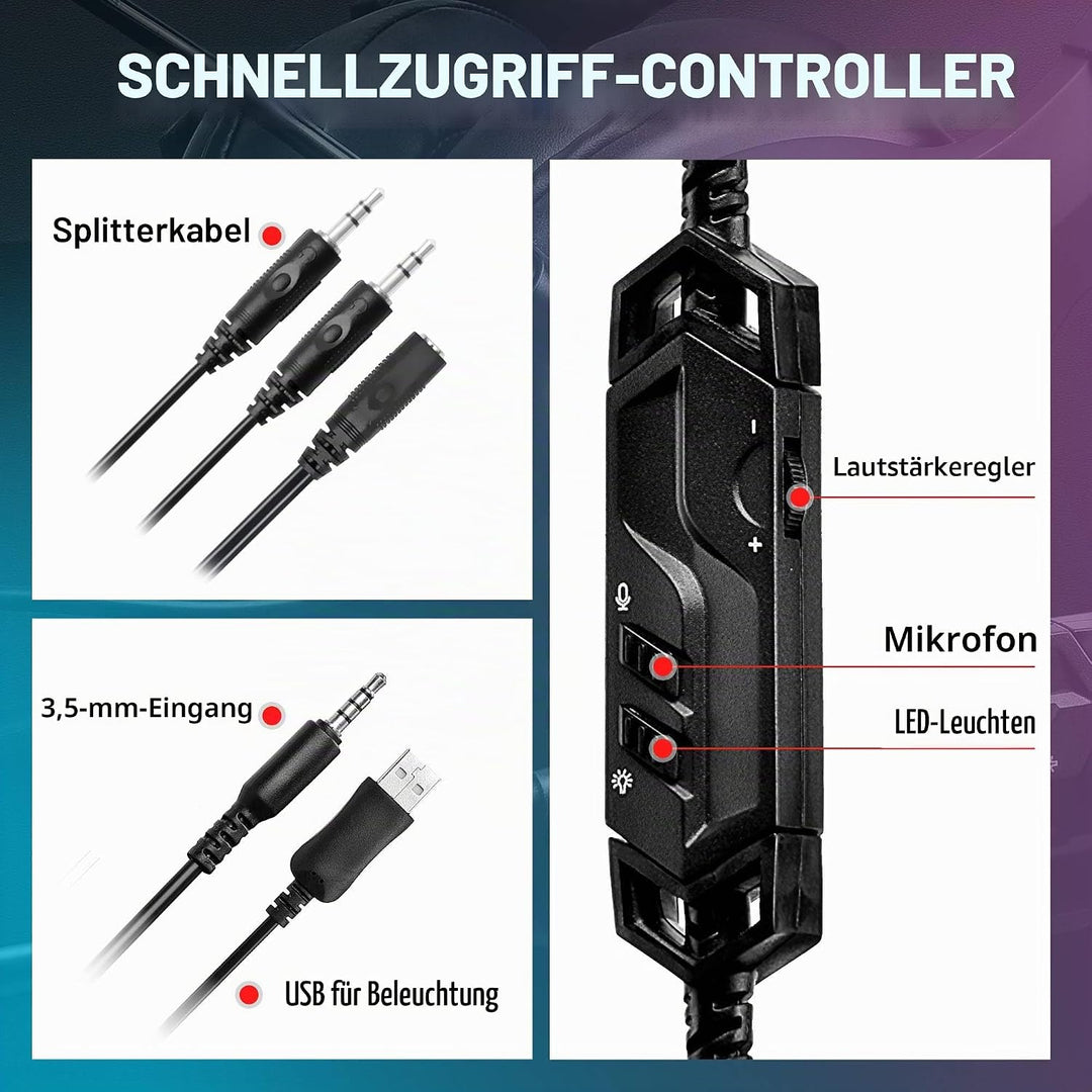 LYCANDER Gaming-Headset mit Mikrofon und LED-Licht, 3,5 mm Eingang, für PC, PS4, Xbox One, Nintendo