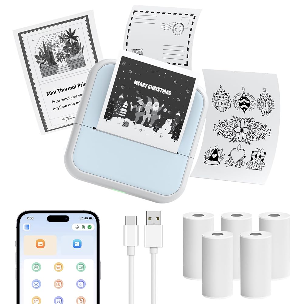 OFFCUP Mini Drucker Thermo, Kleiner Fotodrucker für Smartphone Bluetooth Taschendrucker mit 5 Papier