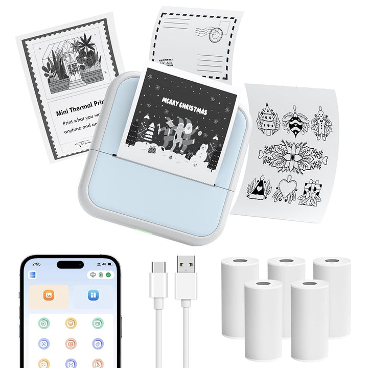 OFFCUP Mini Drucker Thermo, Kleiner Fotodrucker für Smartphone Bluetooth Taschendrucker mit 5 Papier