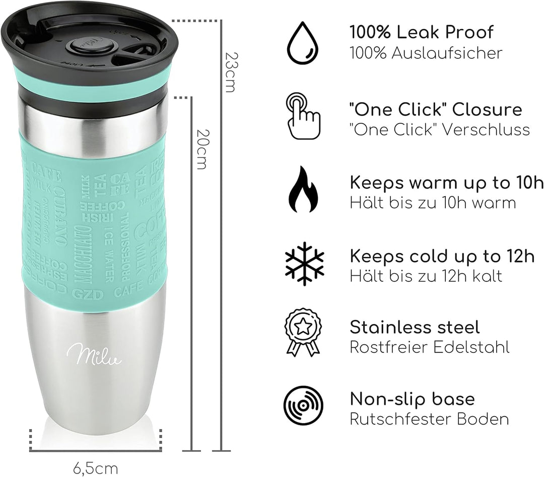 Milu Thermobecher 370ml 450ml Isolierbecher Kaffeebecher to go - 100% Auslaufsicher - Trinkbecher au