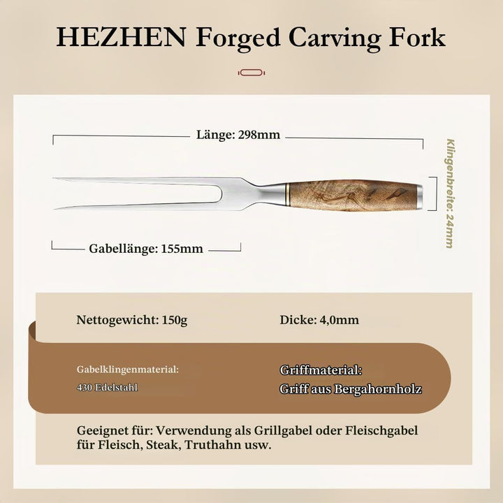 HEZHN Tranchiergabel Fleischgabel Outdoor Grillgabel 430 Edelstahl Figaro Bergahorn Holz Geschenkbox