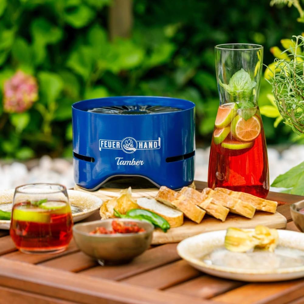 Feuerhand Tischgrill Tamber (kobaltblau) – Kompakter Holzkohlegrill für den Tisch. Mit Deckel als Un