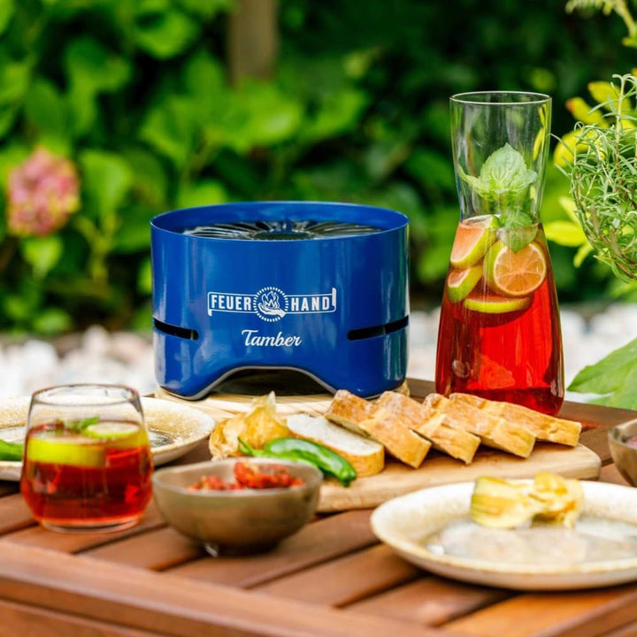 Feuerhand Tischgrill Tamber (kobaltblau) – Kompakter Holzkohlegrill für den Tisch. Mit Deckel als Un