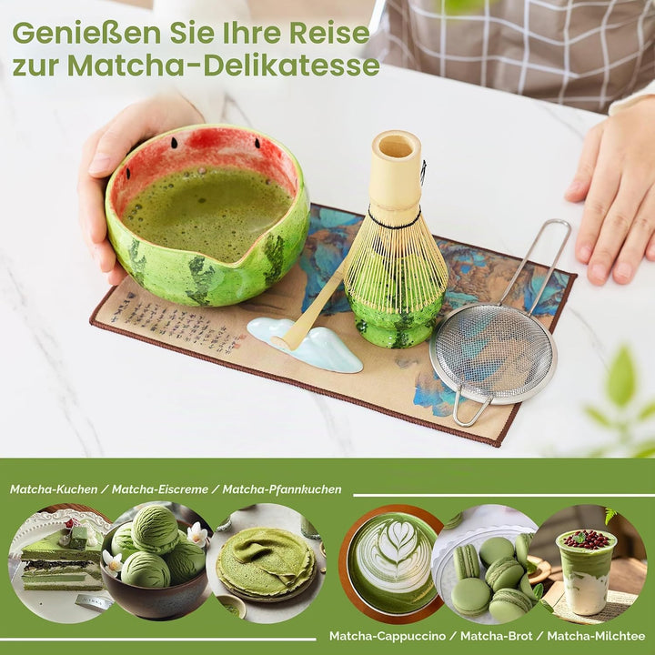 Matcha Tea Set 8- piece Matcha Broom Set with Whisk, Broom Holder, Ceramic Bowl, 2 Teaspoons, spoon
